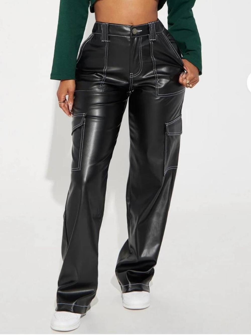 Forever 21 faux leather wide leg cargo pants black white stitching
